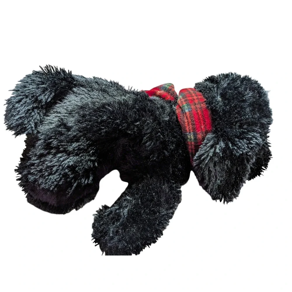 Eddie Bauer Black Dog Plush Stuffed Animal Red Plaid Scarf Shaggy Weighted Puppy